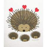 Swedish dishcloth with a large brown hedgehog, three small hedgehogs, and three red hearts.