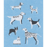 Light blue Swedish dishcloth featuring an illustrative pattern of various white and black dogs.
