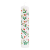 White pillar candle with holly, ivy, and robin illustrations; numbers 1-24.