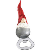 Bottle opener featuring a Tomte with a tall red hat, white beard, and silver base.