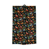 Black kitchen towel with colorful Dalahorses and floral print