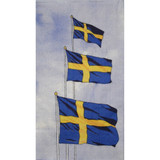 Three Swedish flags on poles, blue and yellow, against a light blue sky.