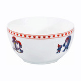 White ceramic bowl with red heart rim pattern and Rolf Lidberg Christmas gnomes.