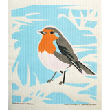 Swedish dishcloth featuring a European robin illustration in orange, gray, and blue tones.