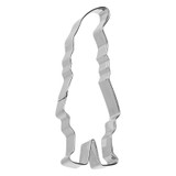 Silver metal cookie cutter in the shape of a Santa Nisse, 4 inches tall.