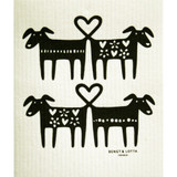 Swedish dishcloth featuring a whimsical black-and-white print of dogs with heart-shaped tails.