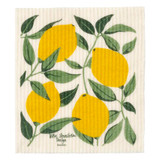 White Swedish dishcloth with yellow lemons and green leaves, "Bitte Stenström Design Sweden" text
