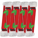 Boxed set of 8 cone-shaped red Christmas crackers styled like Santa hats with faux fur trim, black bows, and holly.