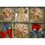 Straw ornaments: angels, stars, snowflakes, and yarn Santas in a box.