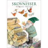 An illustrated greeting card features a gnome in green by a woodpile, with butterflies flying above.