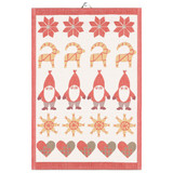 Red and white Ekelund kitchen towel with woven Nordic holiday pattern of gnomes, stars, and hearts.