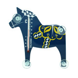 Blue Dala horse thermometer with four suction cups and a Celsius temperature scale.