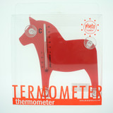 Red Dala horse thermometer in clear packaging with suction cups, showing Celsius temperature scale.