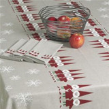 Almedahls Tomtenisse Christmas tablecloth in grey linen-cotton with red Santa motifs and white snowflakes.