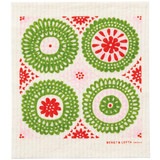 Green and red floral pattern on a white Swedish dishcloth