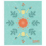 Teal Swedish dishcloth with orange and yellow floral design.