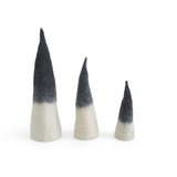 Three dark grey and white felted wool pixie cones of varying heights.
