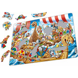 Larsen Viking Kids 30-piece puzzle of cartoon vikings on a ship.