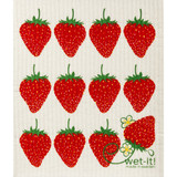Flat Swedish dishcloth with a 3x4 pattern of red strawberries and green stems on off-white fabric.
