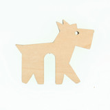 Light wood-colored stylized dog silhouette with cutout legs and a circular eye hole.