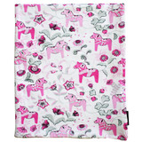 Pink Dalahorse pattern fabric neck warmer by Arvidssons, showing Swedish folk art horses and floral designs.