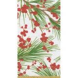 White guest towels with pine branches and red berries.