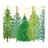 Front view of a horizontal gift bag featuring painted Christmas trees, lights, and rope handles.