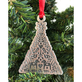 Woodbury Pewter Scandinavian Christmas tree ornament with Dala horses, hanging on a red ribbon.