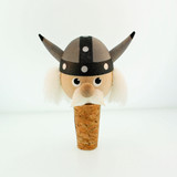 Handmade wooden Viking bottle stopper with horned helmet, white beard, and cork base.