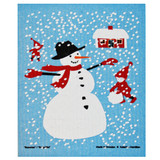 Blue Swedish dishcloth with snowman, house, and falling snow design