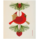 Red cardinal pair design on a beige dishcloth; green pine branches, red hearts.