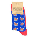 Blue socks with Viking helmet pattern, red accents, and a product tag.