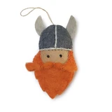 Handmade wool felt Viking ornament with a grey helmet, beige face, and large orange beard.