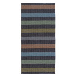 Striped graphite plastic rug with brown, blue, and green bands.