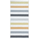Striped grey, tan, white, and green plastic rug. Flat lay, woven texture.