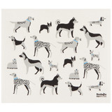 Off-white Swedish dishcloth featuring an all-over pattern of various illustrated dogs in black, white, and blue.