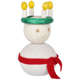 Handmade wooden Saint Lucia figurine wearing a green candle crown and a red felt scarf.