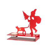Red metal silhouette of a gnome carrying a tree and a cat, with a tealight holder.