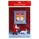 Red advent calendar with Santa, bunny, and snowy window scene.