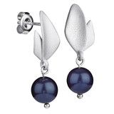 Silver earrings with dark blue pearl drops, abstract design, stud back.