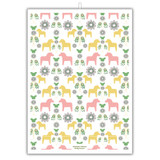 White linen tea towel with pastel Swedish Dalahorse motif in pink and yellow.