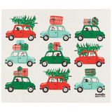 Red, green, and blue retro cars carrying Christmas trees and gifts on a Swedish dishcloth.