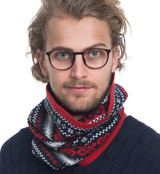 Man wearing a dark blue and red patterned Merino wool neck warmer with round glasses.
