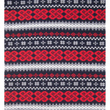 Navy blue merino wool neck warmer with red Celtic knots and white Nordic patterns.