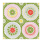 Green paper napkin featuring four distinct floral mandala designs in pink, gray, red, and white.