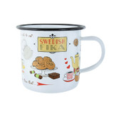 White enamel mug with "SWEDISH FIKA" and illustrations of pastries and teapots.