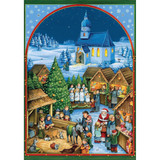 An illustrated Christmas market advent calendar with a snowy church scene and festive stalls.