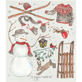 Watercolor illustration of winter items including a snowman, skis, sweater, and sled.