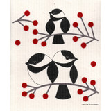 Chickadees on a branch with red berries, Swedish dishcloth