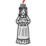 Pewter outline ornament of a girl in a long white gown, wearing a candle crown and holding treats.
